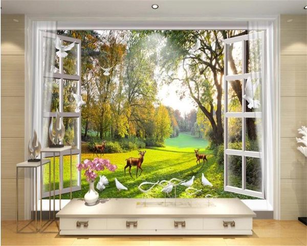 

wallpapers custom po self adhesive wallpaper outside the window atural scenery trees deer pigeons tv murals home decor papel waterproof