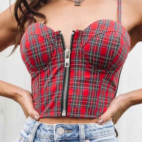 

plaid zipper cami crop women vintage adjustable strap check camisole basic backless black and white purple 210415