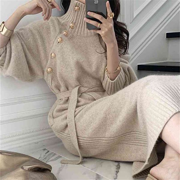 

fashion women's sweater dress autumn and winter thread high neck gold buckle design belt knitted 210520, Black;gray