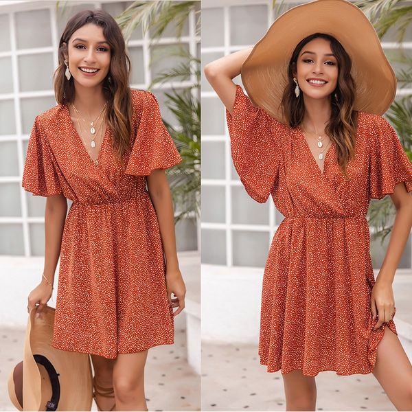 

women's clothing real shooting spring and autumn skirt new women's dress short sleeve v-neck printed short skirt, White