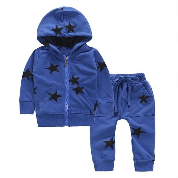 Roupa de menino conjunto primavera Outono Casual Tracksuit crianças com capuz estrela impressa zíper jaqueta calças 2 pcs para 1-5Y 210528