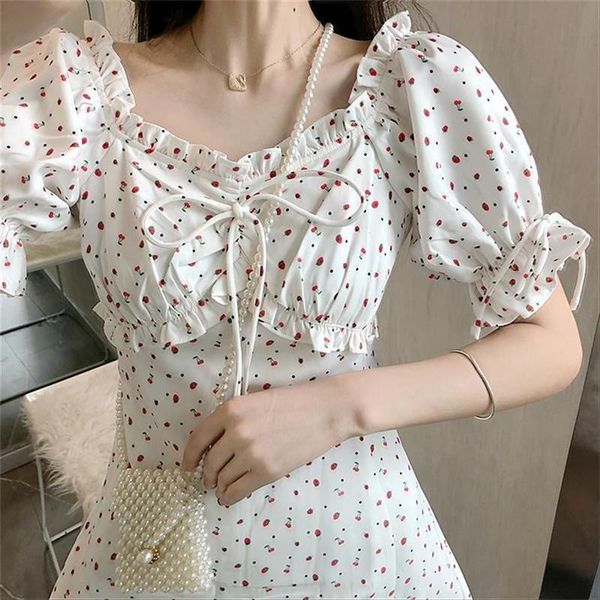 

casual dresses women's strawberry dress summer short high-waist lace-up square neck floral mid-length skirt 2021 women, Black;gray