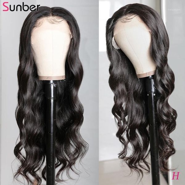 

sunber body wave 13x5 lace part frontal human hair wig 150% density pre-pucked hairline 12-24 inches peruvian wig1, Black;brown