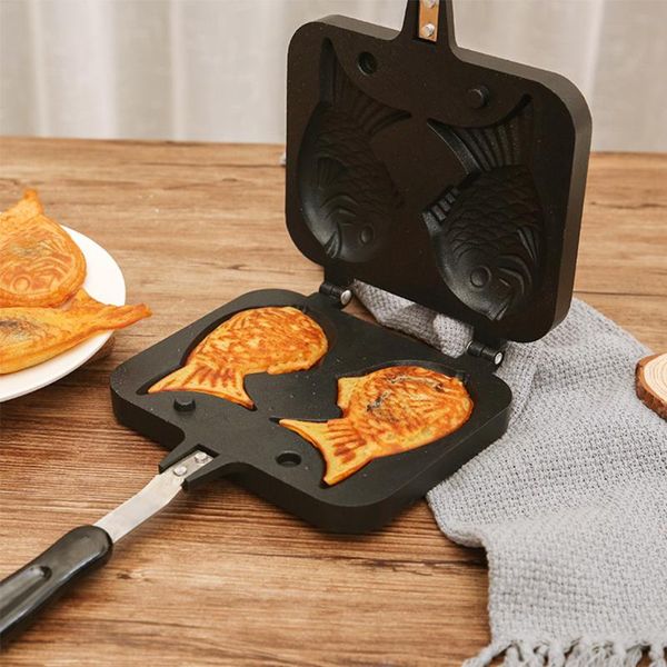 

taiyaki japanese fish-shaped bakeware waffle pan maker pancake 2 molds double stainless steel frypan home cake tools baking moulds