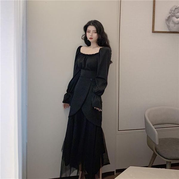 

casual dresses autumn 2 piece set women gothic style long skirt sets long-sleeved + high waist mesh two-piece suits xids, Black;gray