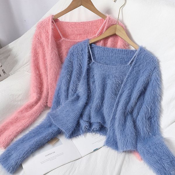 

winter clothes slim sweater korean cardigan jacket base with sling soft knitted two-piece vest female trend office lady 210420, White;black