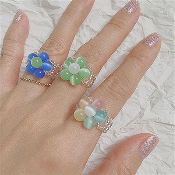 

retro colorful opal handmade crystal beaded elastic ring irregular hollow flower plant for women accessories cluster rings, Golden;silver