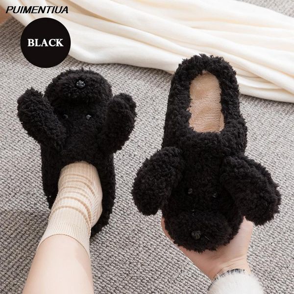 

slippers puimentiua autumn winter cotton women cartoon dog home indoor warm shoes womens cute couple, Black