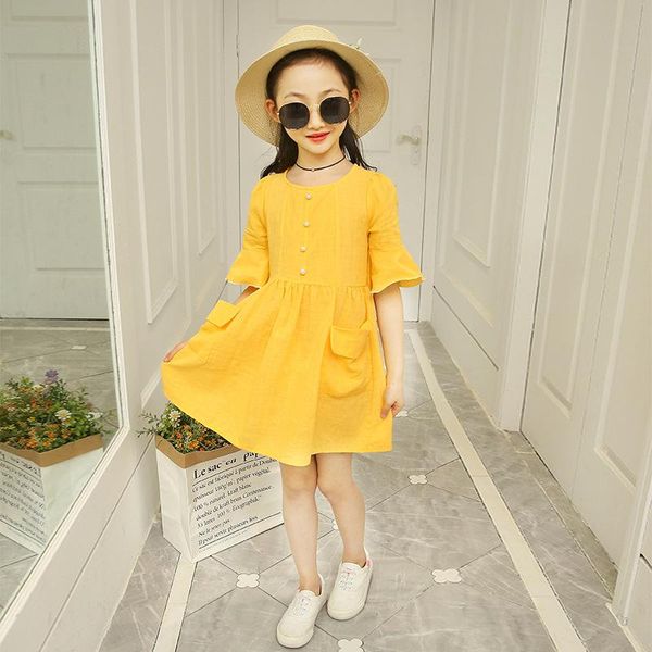 

girl's dresses 2021 solid color dress for girls pearl horn sleeves children clothing pocket teen girl clothes casual kids, Red;yellow