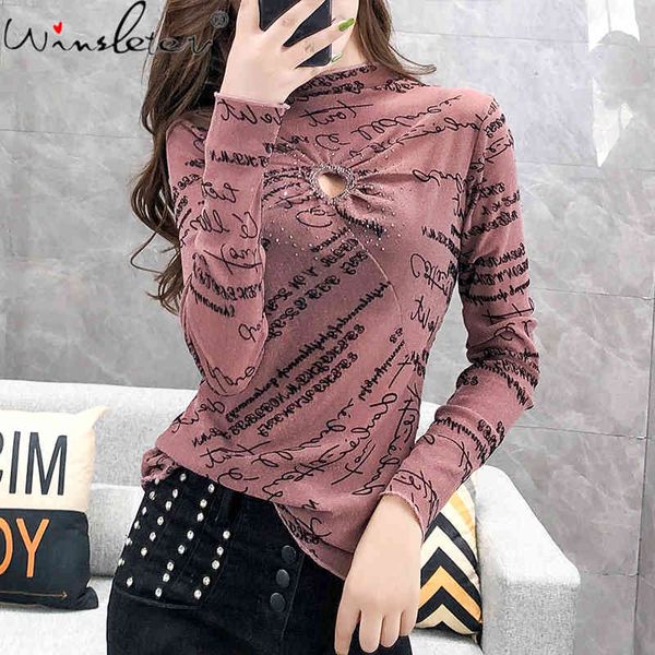 

women's t-shirt fall winter t-shirt fashion hollow out diamonds elastic mesh letter women ropa mujer bottoming shirt tee, White