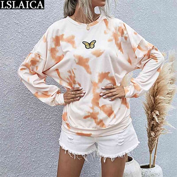 

woman tshirts tie dye fashion long sleeve o neck oversized ladies t shirt autumn casual female high street 210520, White
