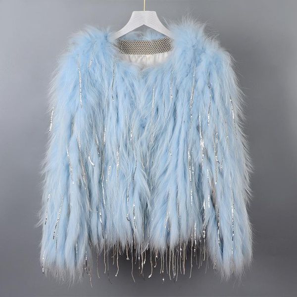 

women's fur & faux 2021 haining han edition raccoon weave coat women winter white fairy hair feather spoke, Black