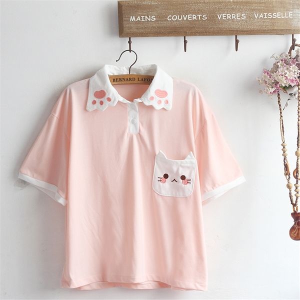 

women's t-shirt japanese cute t shirts for teens soft girls summer clothes women casual pink kawaii cat paw graphic embroider, White
