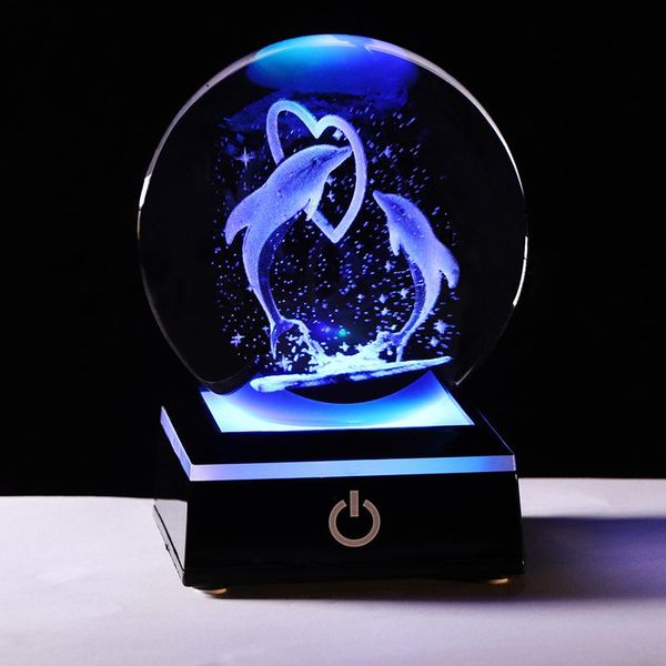 

novelty items 8cm 3d laser engraved pair of dolphin figurine model k9 crystal ball with colorful led base ornaments for home