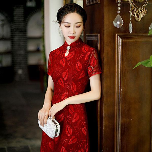 

ethnic clothing exquisite mandarin collar women cheongsam elegant lace qipao vestidos slim plus size evening party short sleeve robe go, Red