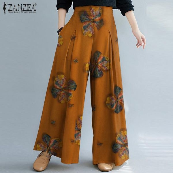 

women's spring trousers zanzea 2021 kaftan printed wide leg pants elastic wasit long pantalon palazzo female floral turnip & capris, Black;white