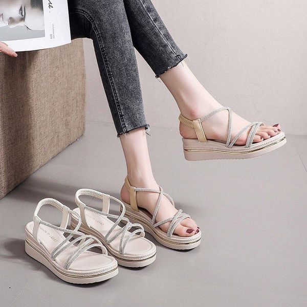 

sandals thick-soled rhinestone fashion women 2021 korean version summer leisure word with open toe wedges women's shoes, Black
