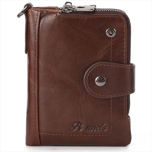 

piuncle brand mens wallets rfid vintage leather soft double zipper small money holder short slim coin yellow purse thin pouch, Red;black
