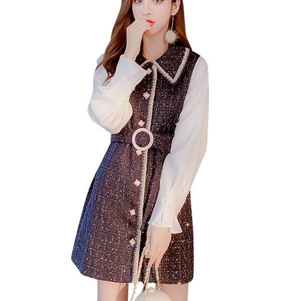 

dress autumn winter vintage mini women korean sweet long sleeve patchwork fake two piece party christmas vestidos sukienka sowh, Black;gray