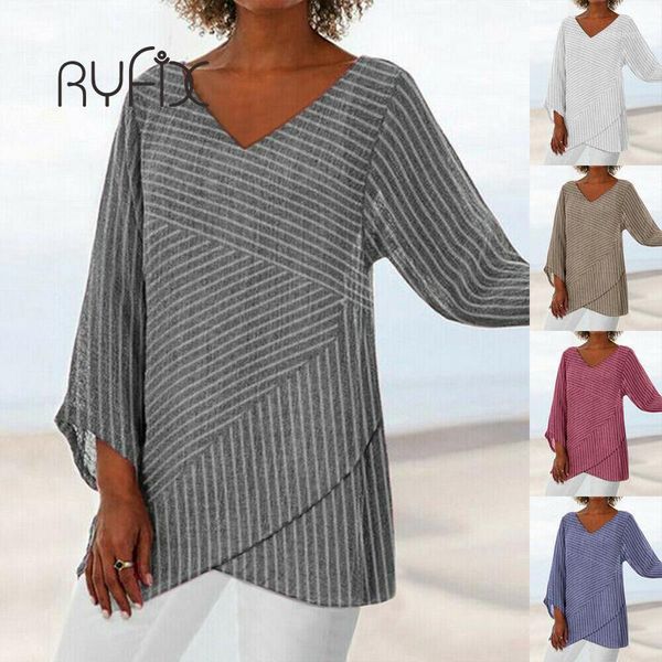 

plus size 5xl women raglan long sleeve blouse ladies loose cotton linen striped tunic o neck blouses baggy bg50 women's & shirts, White