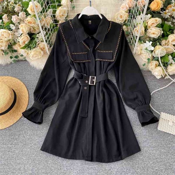 

spring autumn women's dress retro british style flared sleeve waist slim short commuter female es ll900 210506, Black;gray