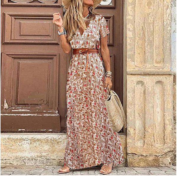 

womens floral vintage boho long dress print v-neck short sleeve elegant dress bohemian vestidos plus size dresses clothing, Black;gray