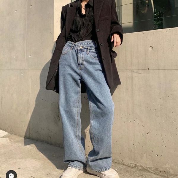 

women's jeans denim pants korean style wide leg washed with unbalanced waist design streetwear blue loose fashion straight