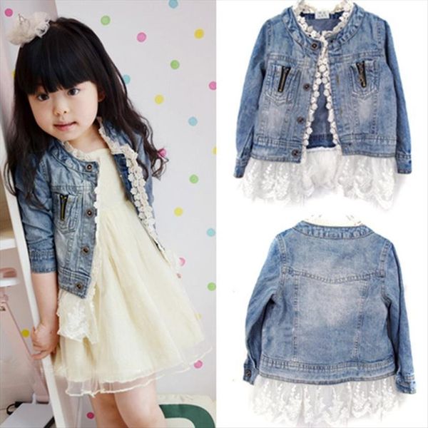 

children girls jeans outerwears jacket kids lace coat long sleeve button denim jackets for 2 7y spring autumn fashion, Blue;gray