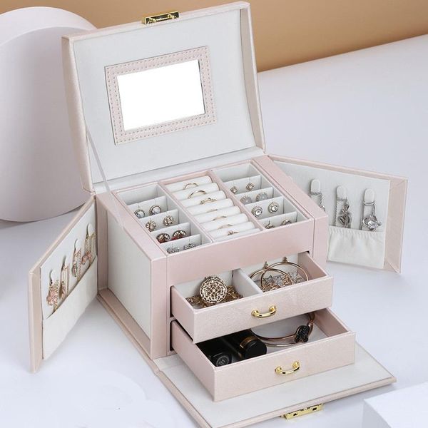 

jewelry pouches, bags fashion storage box large capacity portable lock with mirror earrings necklace ring display, Pink;blue