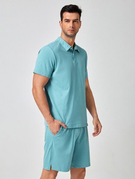 

men solid polo shirt & slant pocket shorts 805w#, Gray