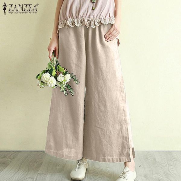 

women's pants & capris fashion casual flare wide leg trousers 2021 zanzea elegant elastic waist summer pantalon palazzo plus size turni, Black;white