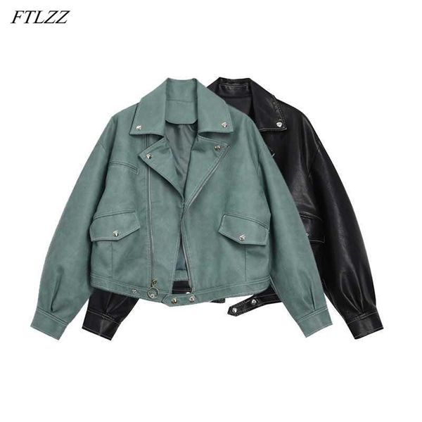 

spring autumn women faux soft leather pu jacket turndown collar moto biker rivet zipper street coat 210430, Tan;black