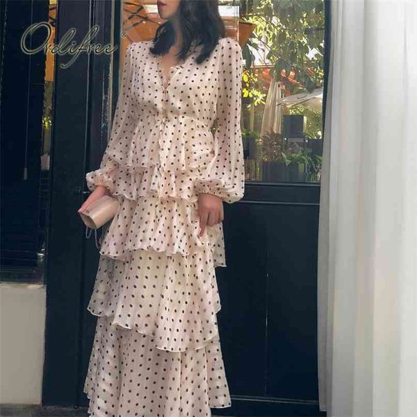 

summer women long chiffon dress sleeve ruffle cake polka dot print maxi tunic beach 210513, Black;gray