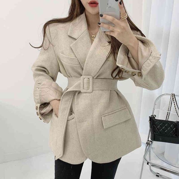 

women's jackets [ewq] korean lapel herringbone ring buckle strap waist pocket long sleeve apricot tweed suit coat women fashion 16e3809, Black;brown