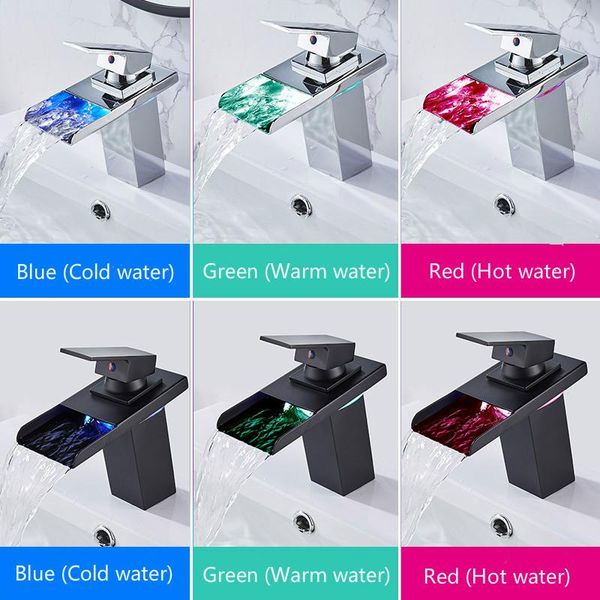 

bathroom sink faucets led faucet brass waterfall temperature colors change mixer tap deck mounted wash tapsbasin sensor