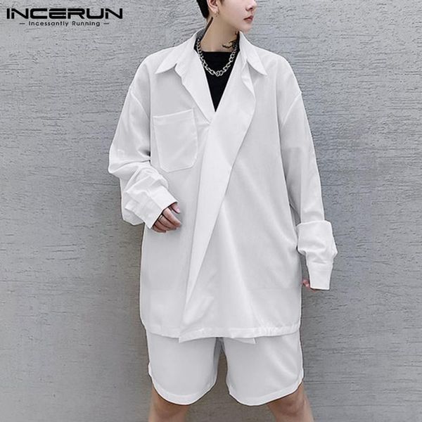 

men's tracksuits men 2021 incerun leisure long-sleeved shirt suits 2 pieces japanese korean style fashion five-point pants streetwear s, Gray
