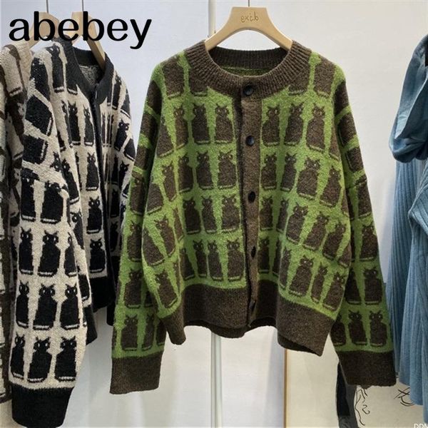 

women's knits & tees sweater coat loose fitting dress lazy style jacquard kitten cute cartoon print v neck button knitted cardigan, White