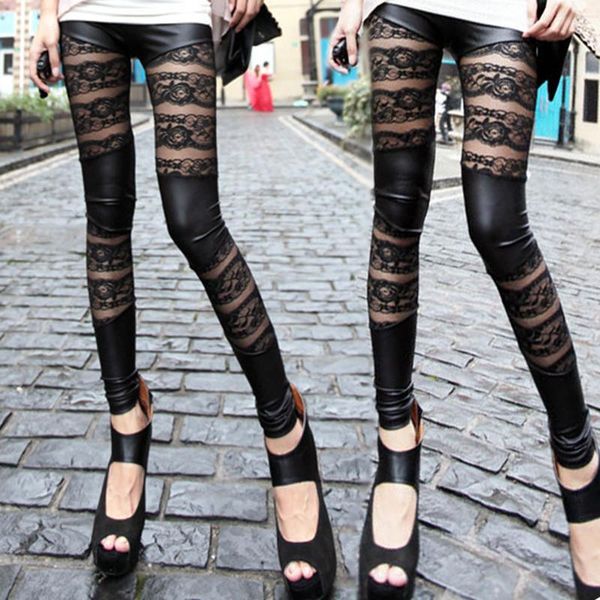 

women's leggings woman pants fashion women faux leather lace, Black