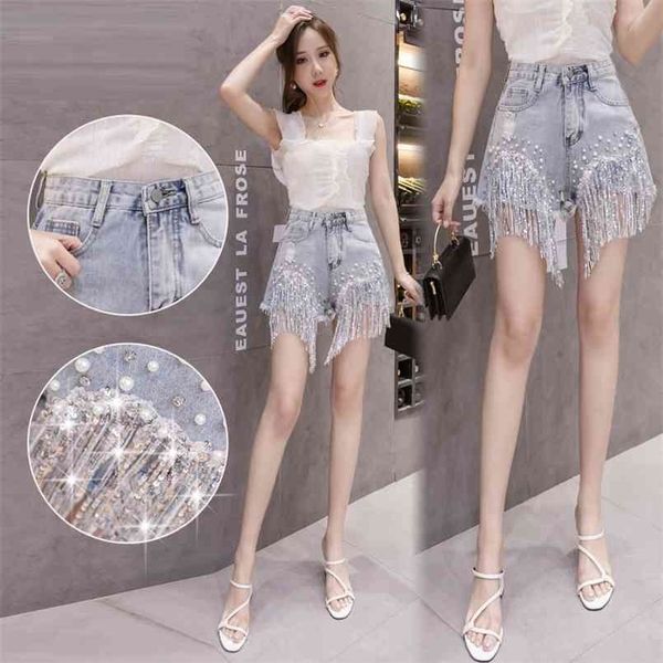 

summer casual loose beaded tassel diamond female high waist shorts jean fashion all-match pants lady clothing 210809, Blue