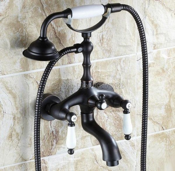 

black oil rubbed bronze bathroom wall mounted dual ceramic handles bathtub mixer tap with telephone style handheld shower wtf039 sets