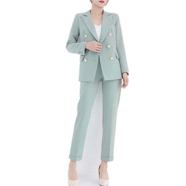 

women's two piece pants fashion green temperament ladies suit retro double-breasted coordinates blazer and ol professional wear, White