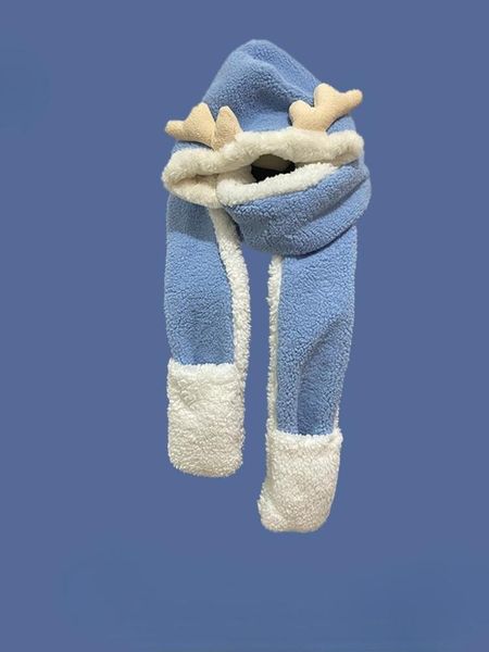 

wide brim hats christmas antlers hat scarf gloves one winter warm plush three-piece ear protection sweet and cute lei feng, Blue;gray