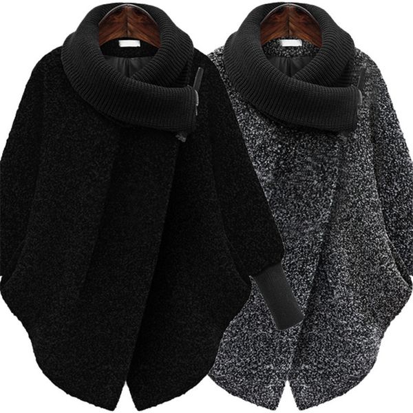 

large size 5xl women's woolen autumn winter wool coat knitted turtleneck thick cashmere cape female jacket, Black