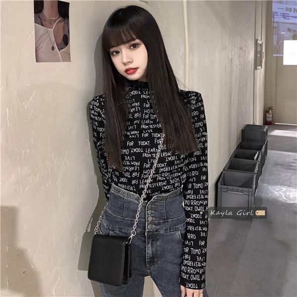 

women's t-shirt print long sleeve t-shirts female spring autumn fashion turtleneck korean ins clothing slim tees harajuku ladies top, White
