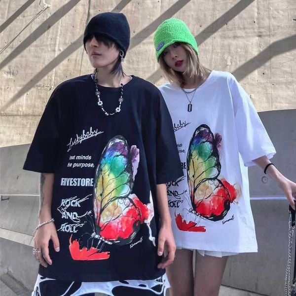 

summer guochao 2021 ins short sleeve t-shirt men's fashion lovers splash ink butterfly half t-shirt, White;black