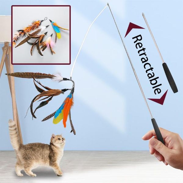 

pet cat toy fishing rod retractable feathers funny pole with five replacement head interactive toys for cats kitten