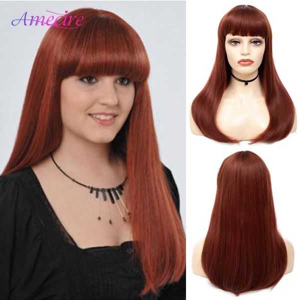 

ombre brown wigs long straight wig with air bangs synthetic heat resistant fiber red colorful for black women