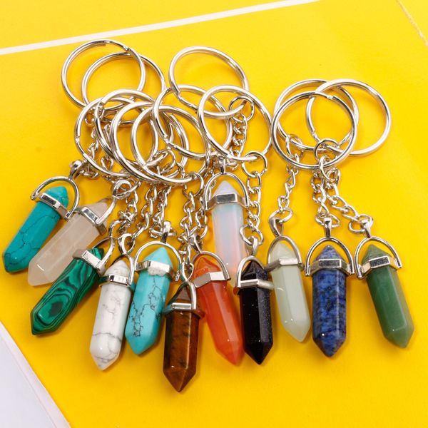 

natural stone hexagonal prism keychain amethyst rose quartz tiger's eye opal crystal key ring key chain keyring, Slivery;golden