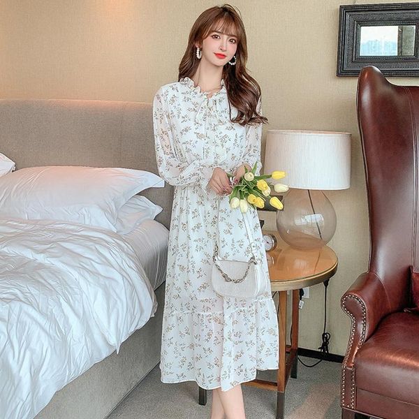

casual dresses 2021 autumn white floral chiffon beach midi dress women vintage korean print sundress bodycon elegant party vestidos, Black;gray