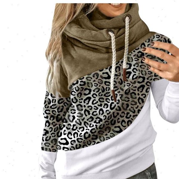 

leopard womens hoodie elegant blusas long lantern sleeve stripe patchwork casual colorblock stitching hooded, Black